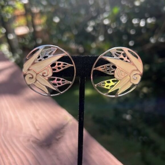 EDGAR BEREBI Cream Enamel Silver Round EARRINGS - Picture 3 of 8